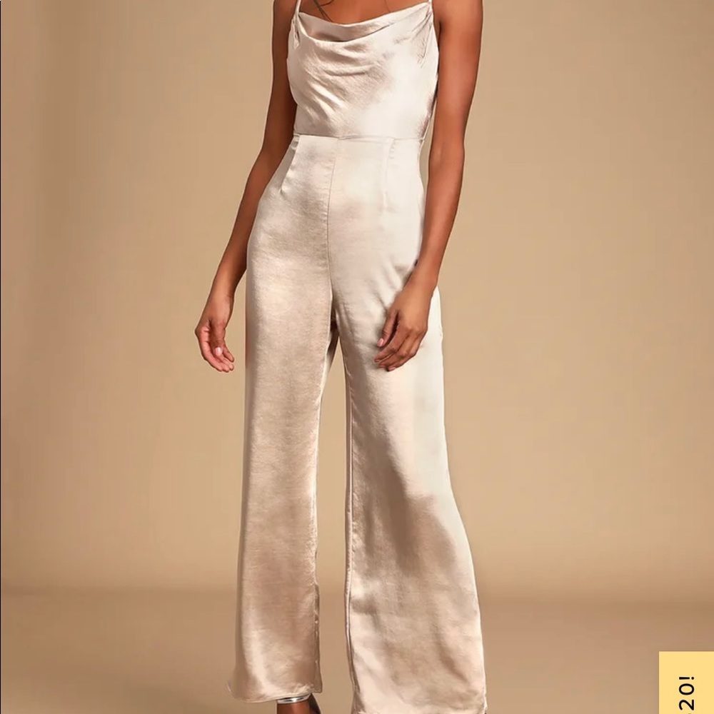 Lulus The LUSH Perfect Night Champagne Satin Cowl Neck Culotte Jumpsuit